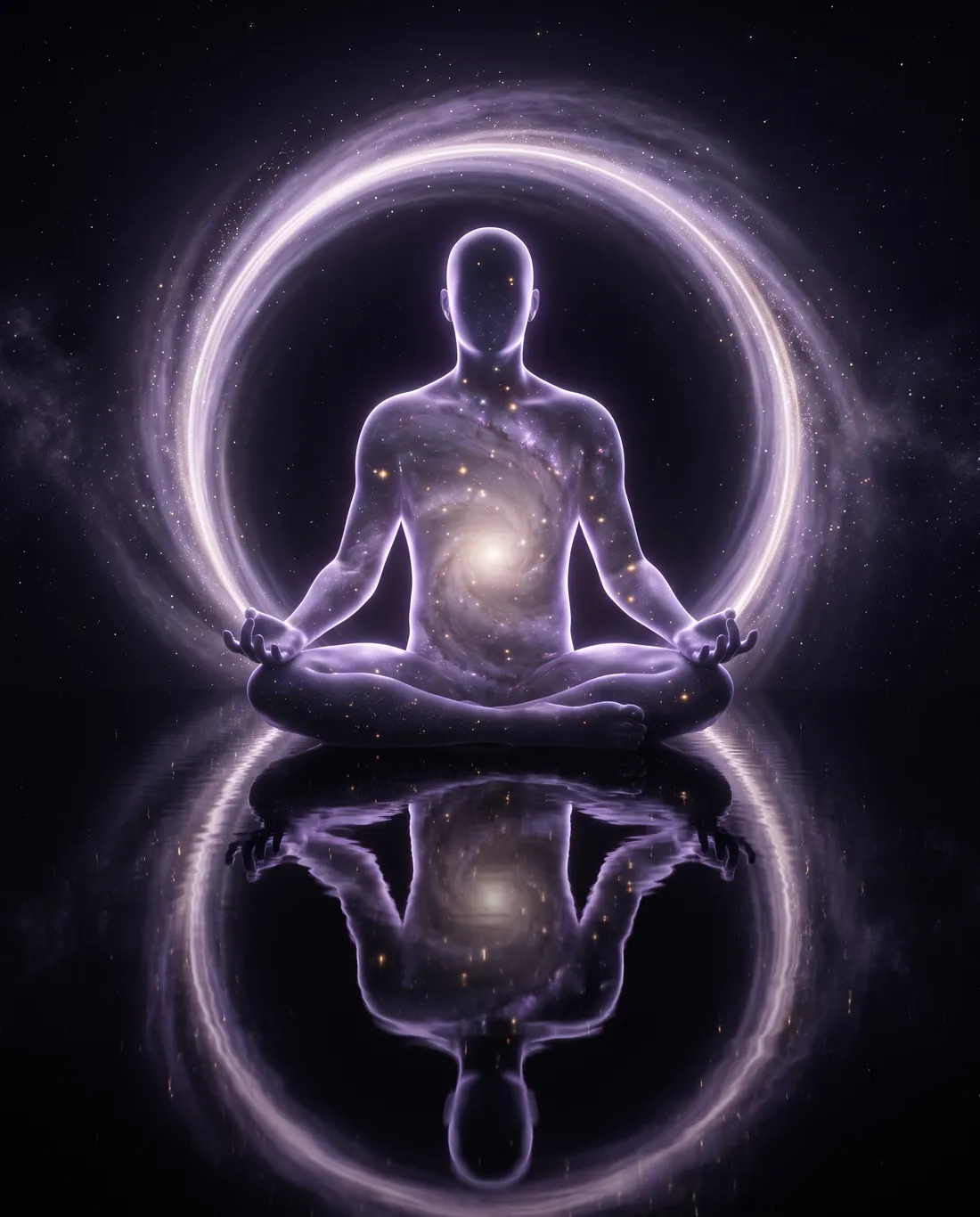 Un ser con el universo dentro, meditando en un anillo de luz, reflejado en el agua